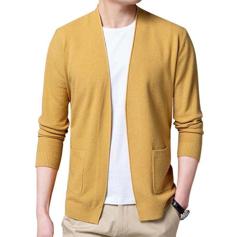 Womleys Mens Casual Open Front Long Sleeve Cotton Cardigan Sweater (A-Yellow, X-Small) - Image 1
